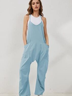 Zenana L/XL Casual Spaghetti Strap Jumpsuit in Light Blue